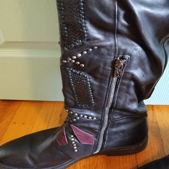 A.S.98 Carlyle Tall boots 38 7.5 Burgundy Black Leather Biker - Picture 11 of 13